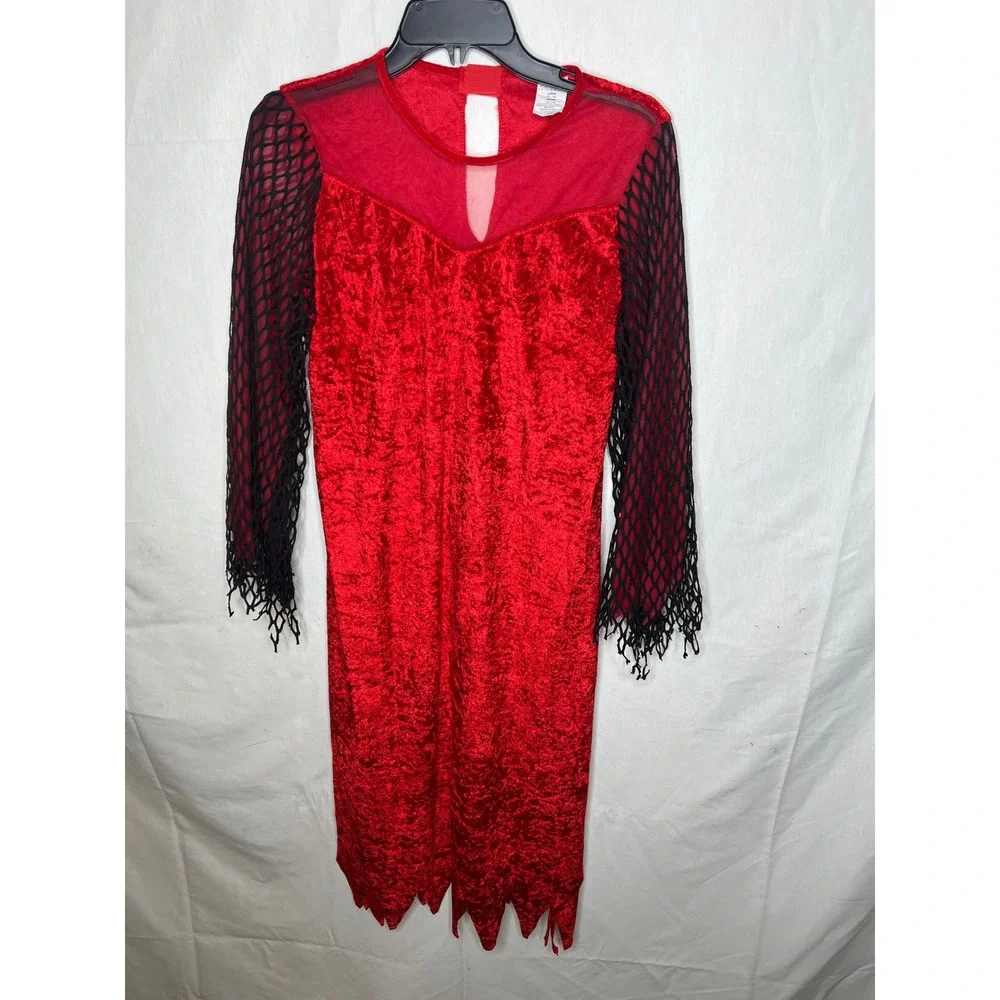 PMG Halloween Girls Red Crushed Velvet Vampire Costume Dress Black Fishnet Large